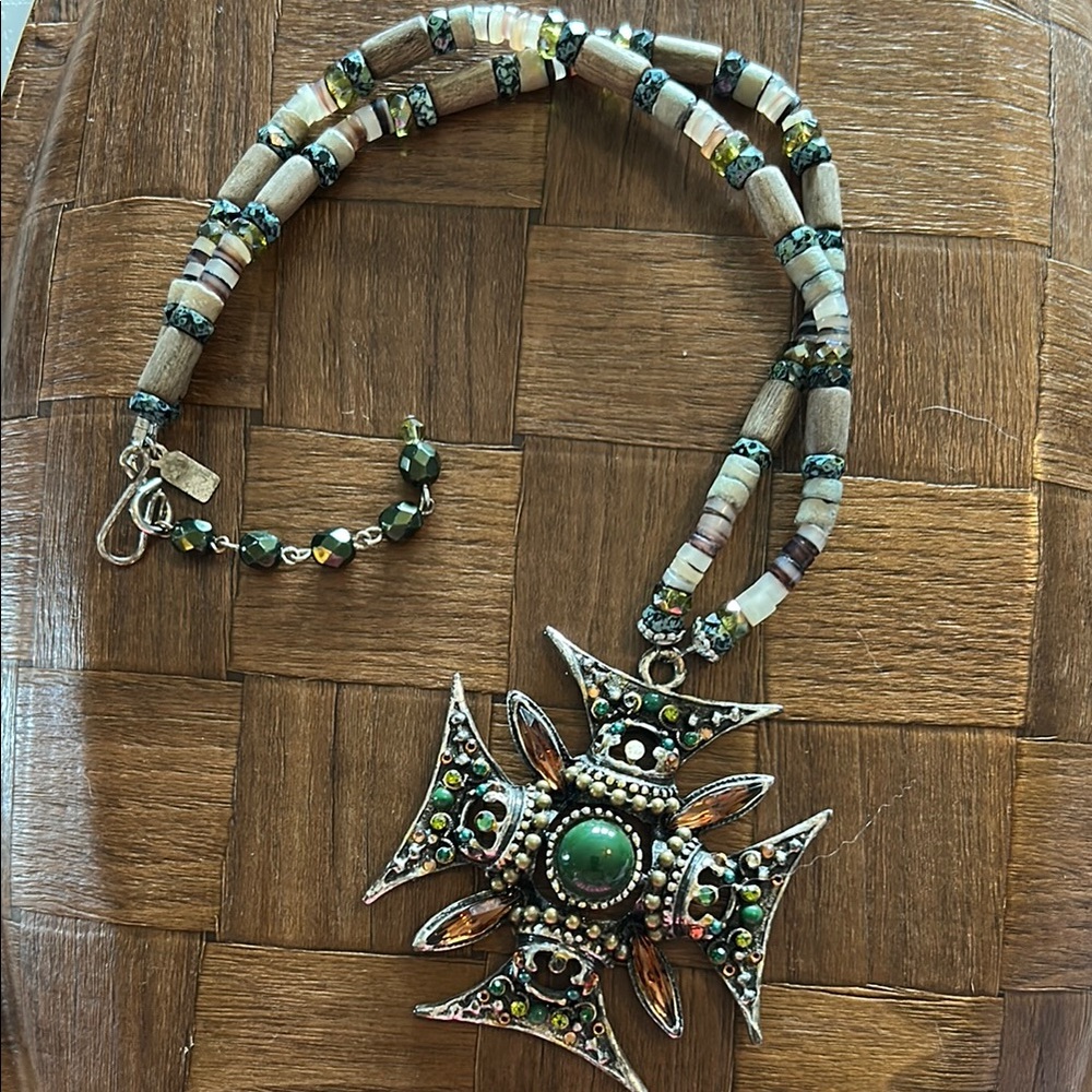 Silver Tone and Green Cabochon Rhinestone Beaded Cross Necklace